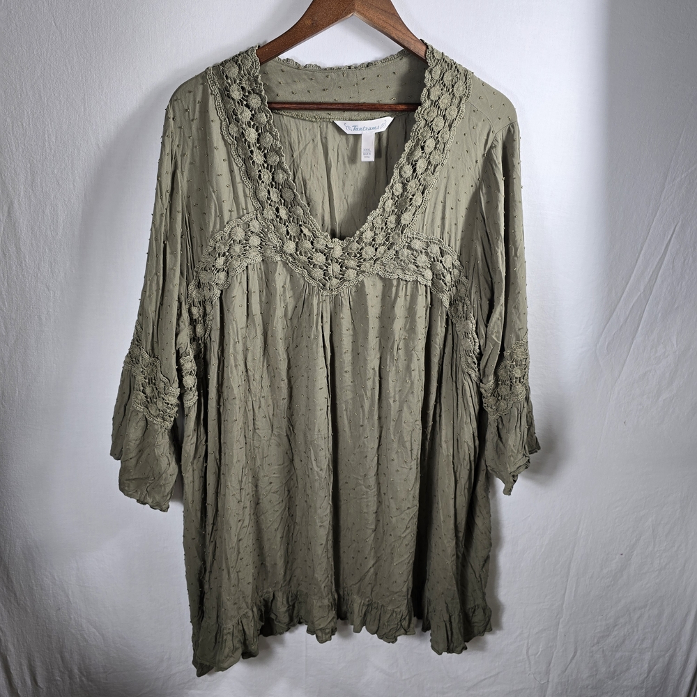 Women’s XXXL Tantrums Olive Green Boho Blouse Bell Sleeves